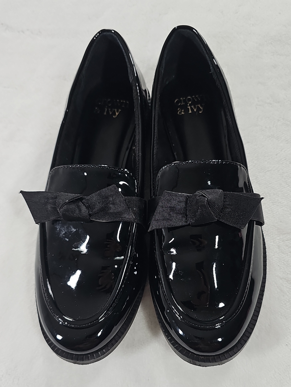 crown & ivy Black Patent Loafers with Bow Accent